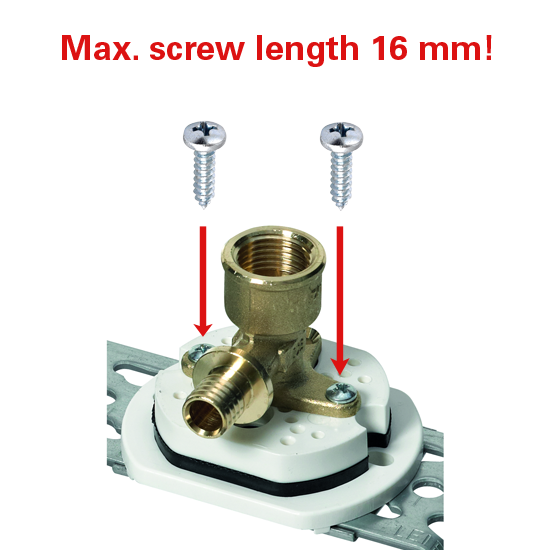 Secure the wall elbow using two self-tapping screws, either 4,2 x 16mm Part# 1074 or 4,8 x 16mm Part# 1075. Note: Max. screw length 16mm!